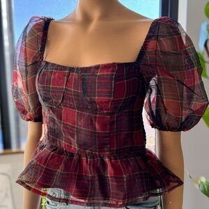 Andy Plaid Puff Sleeve Blouse by Audrey Parks of Francesca’s, NWT, Sizes: S & L